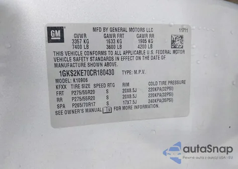 2012 GMC Yukon Xl 1500 Slt из США, поврежденный, VIN 1GKS2KE70CR180430